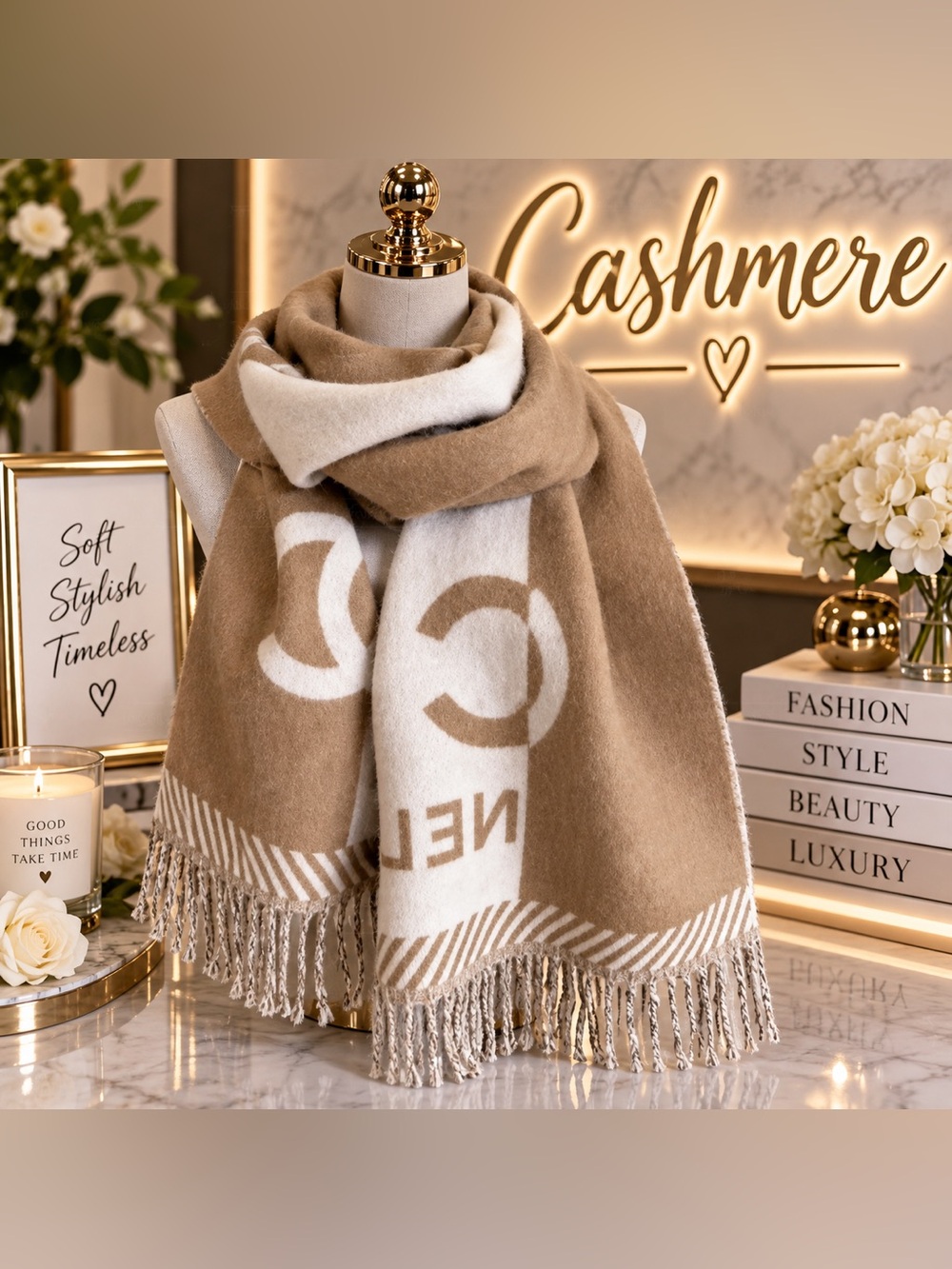 Designer inspired 100% cashmere Beige & Cream Logo Scarf w/ box & ribbon